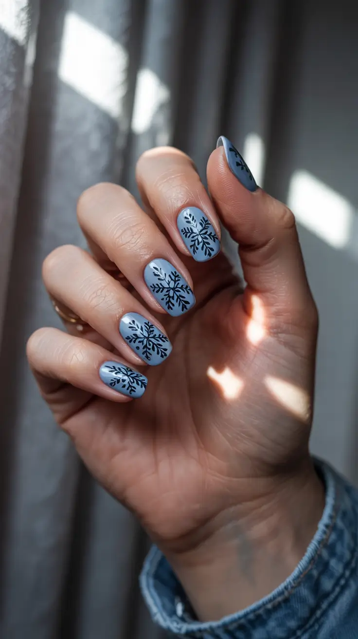 snowflake winter nails 2025-2026 blue velvet snowflakes