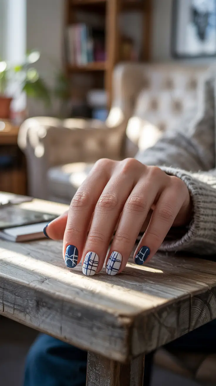 snowflake winter nails Nordic Midnight Plaid