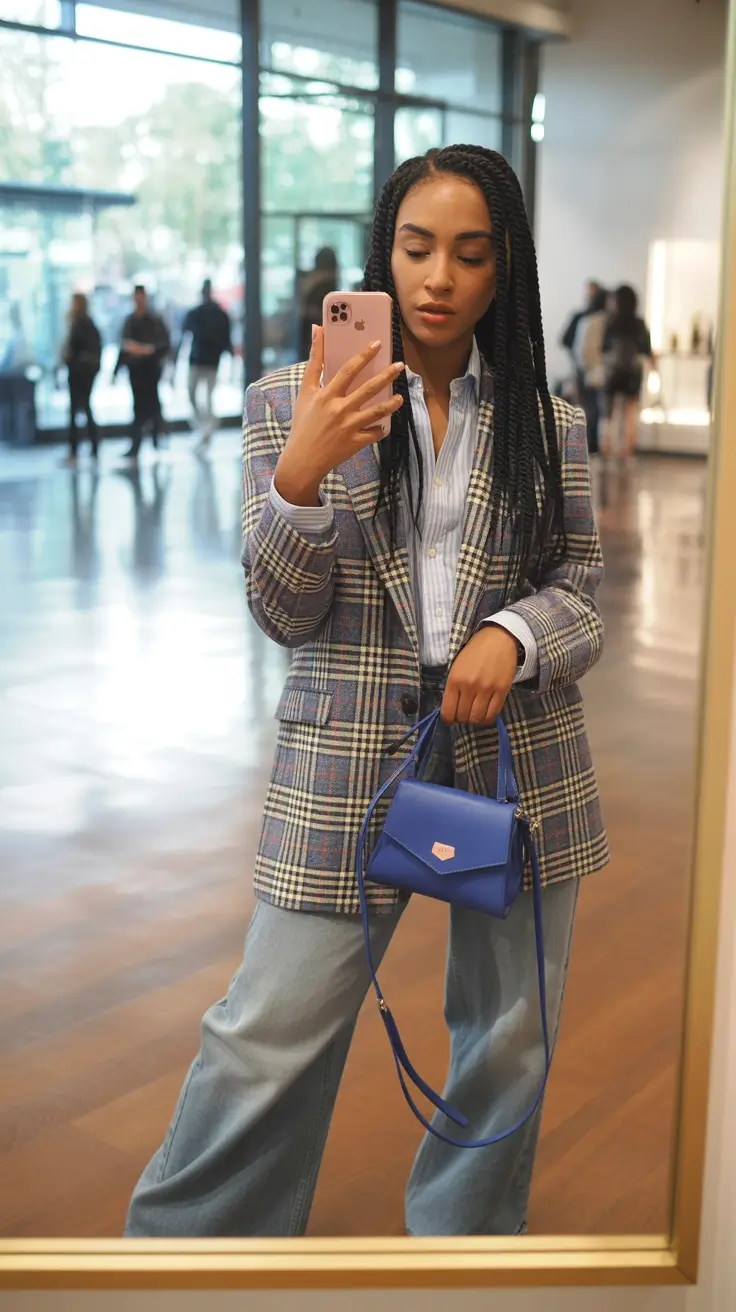 office-outfits-women-plaid-and-blue-accents