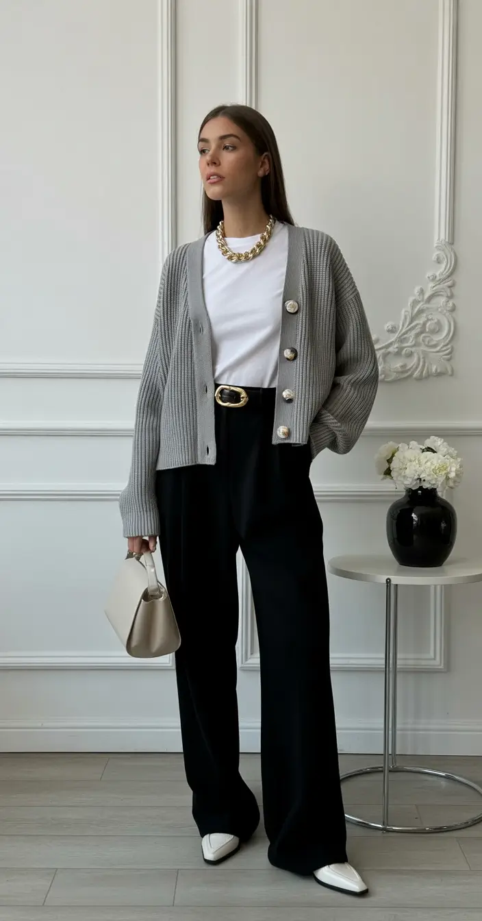 office-outfits-women-grey-cardigan-sophistication