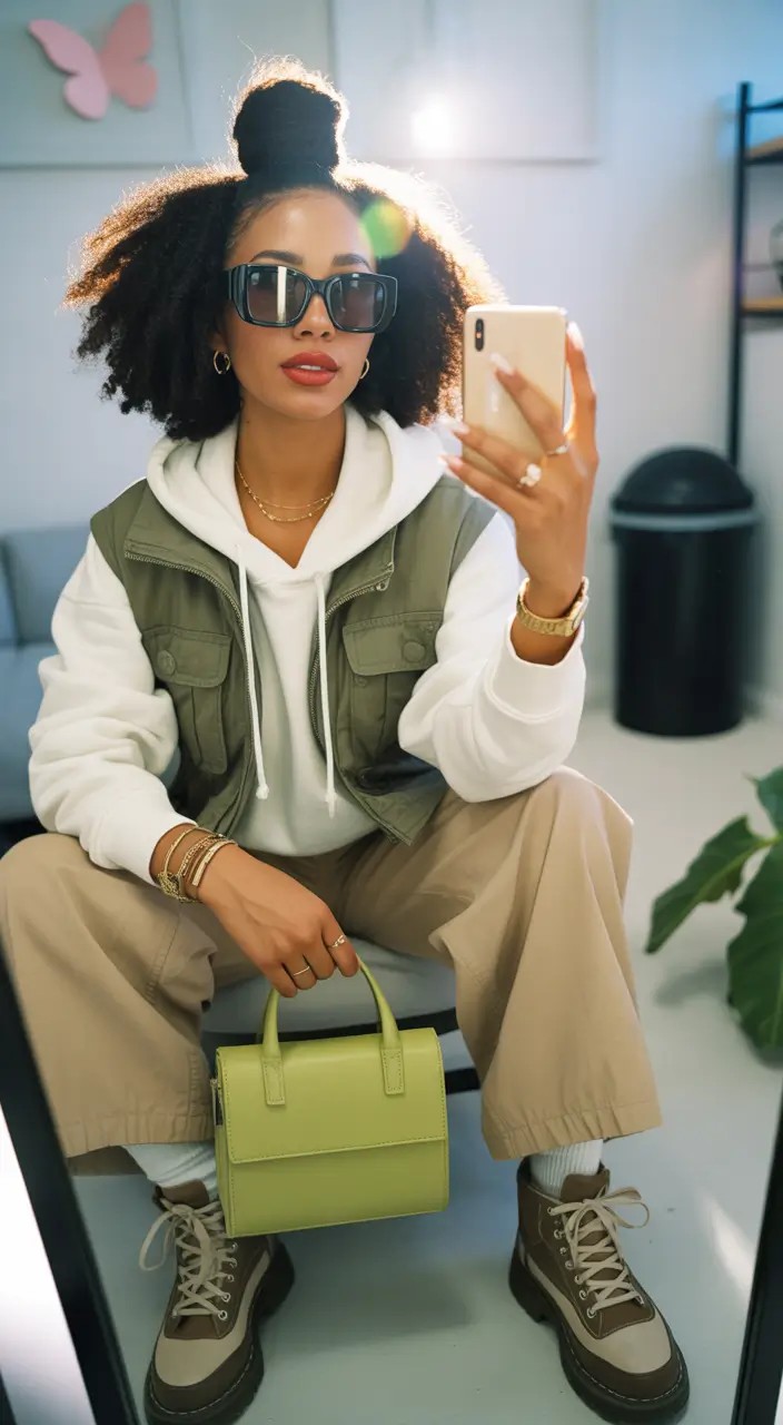 outfits for black women-Sporty Campus Layers With A Pop Of Green