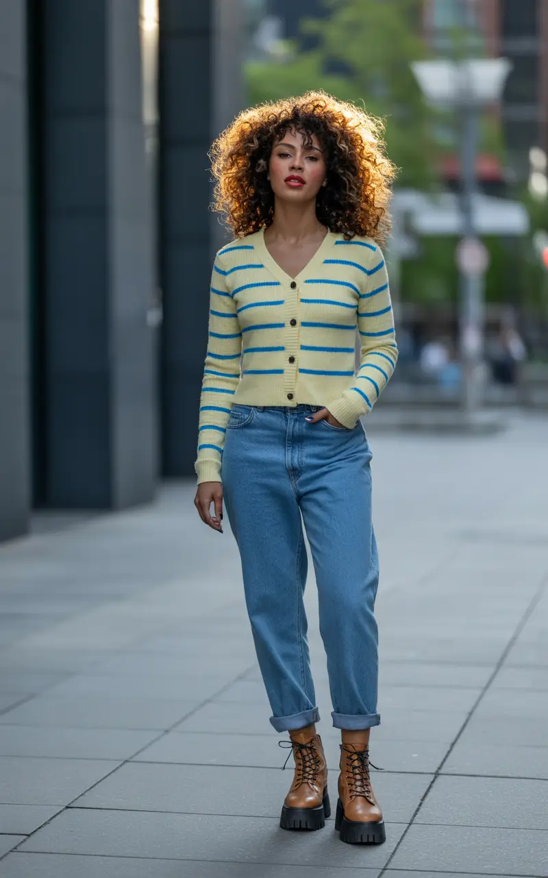 outfits for black women casual-Striped Knit And Classic Denim