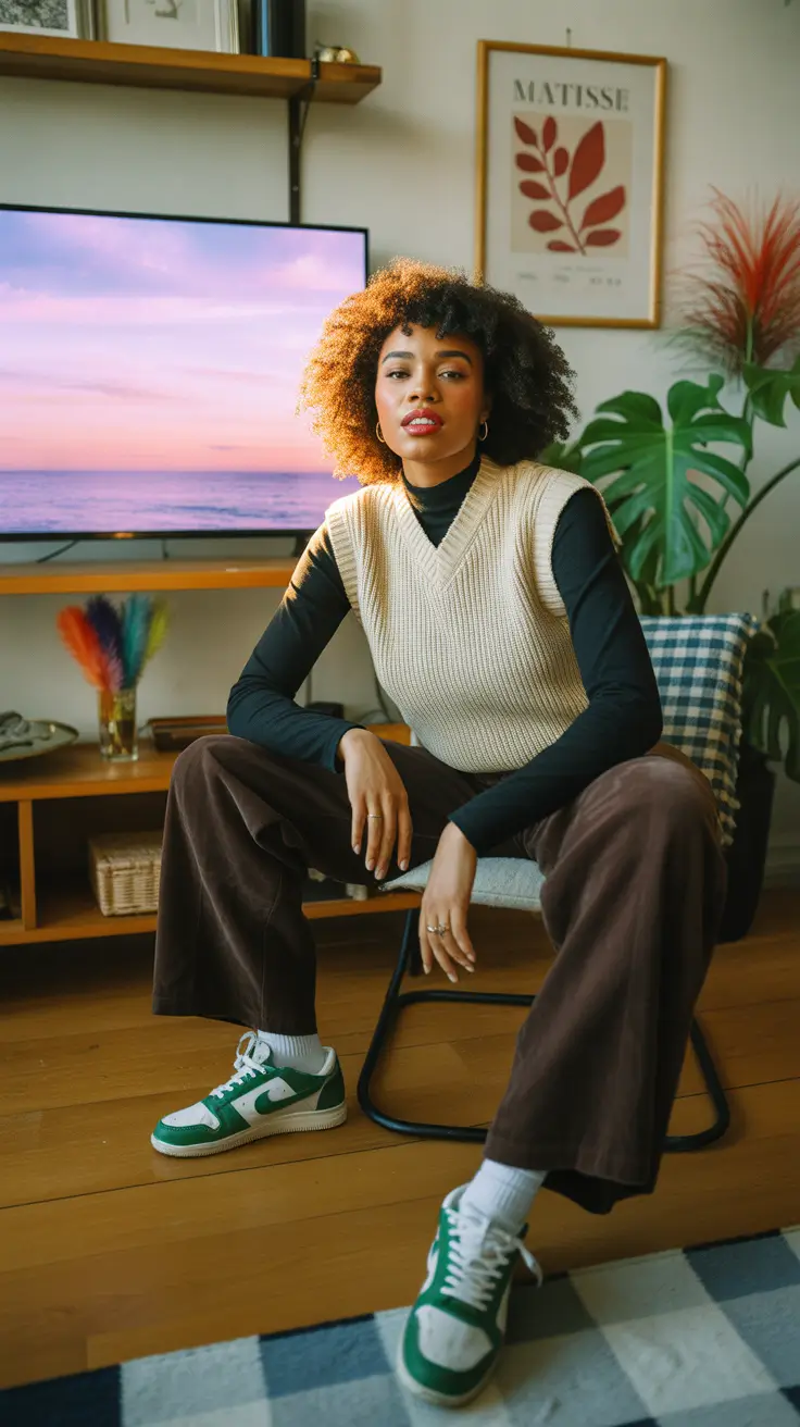 Stylish outfits for Black women 2026 Cozy Layers with Vintage Living Room Ease