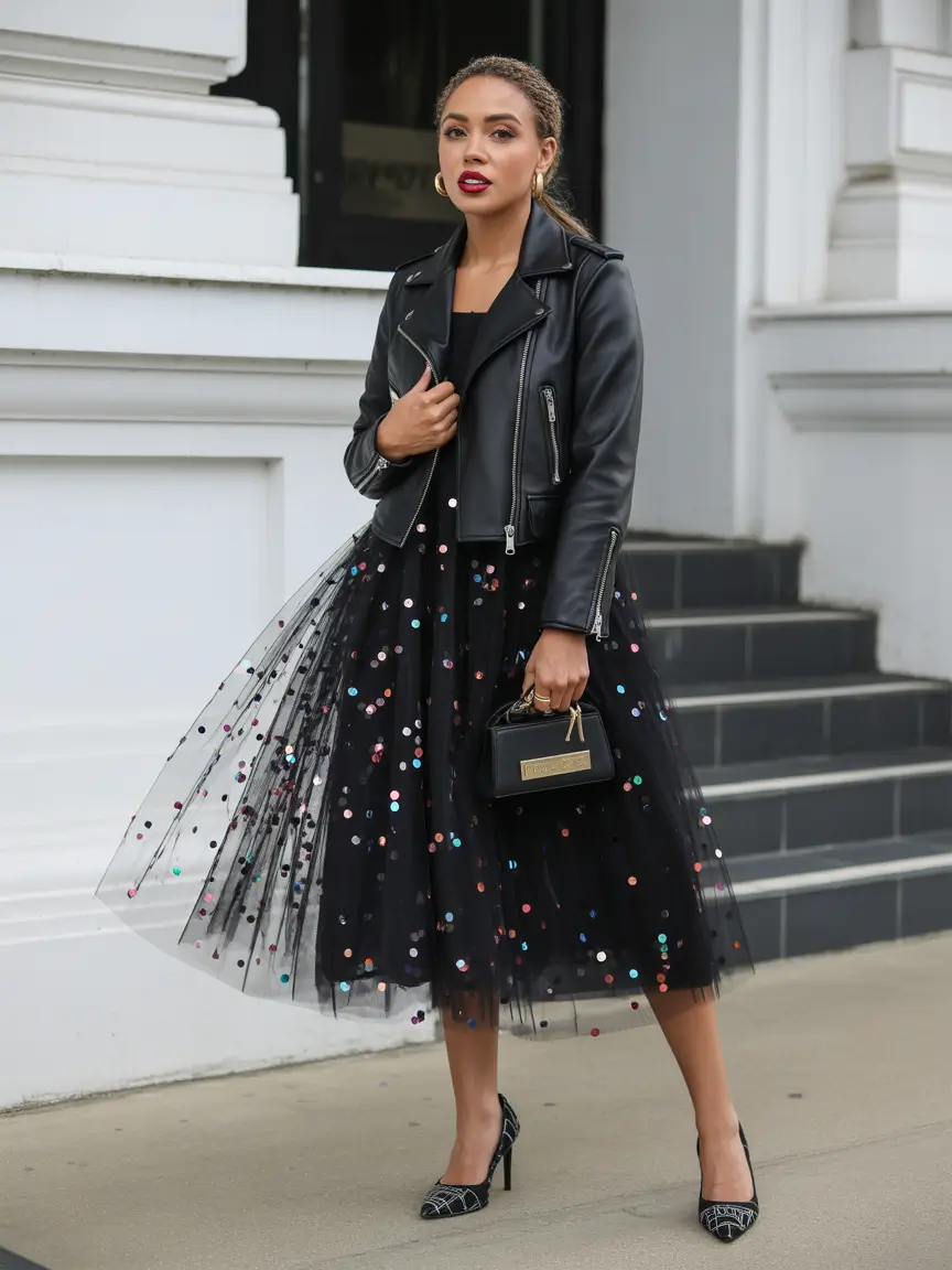 black skirt outfits winter Midnight Sparkle Rock-Chic Meets Classic Glamour
