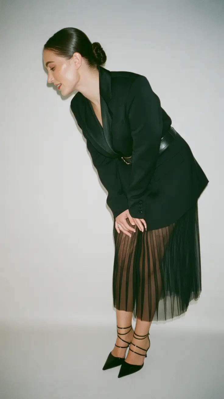 Stylish wedding guest outfits 2026 Sleek Black Blazer And Sheer Midi For Modern Minimal Drama