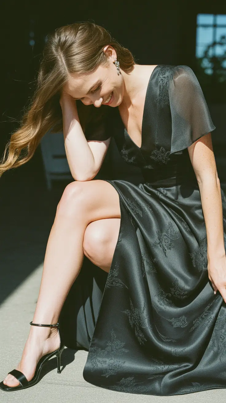 Stylish wedding guest outfits 2026 Black Floral Satin With Soft Sheer Sleeves For Classic Romance