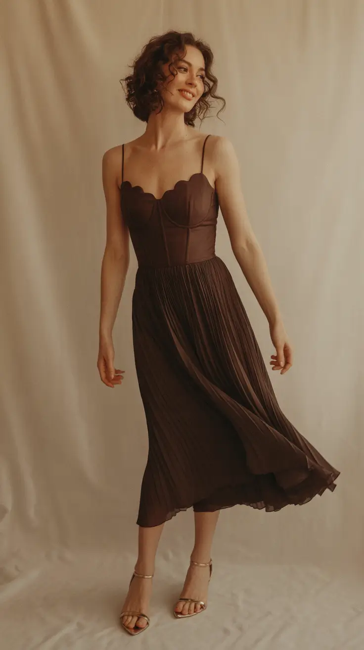 Stylish wedding guest outfits 2026 Structured Bodice And Flowing Pleats For Feminine Ease