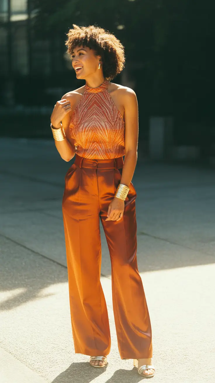 Stylish wedding guest outfits 2026 Sunlit Metallic Halter And Satin Pants For Radiant Energy