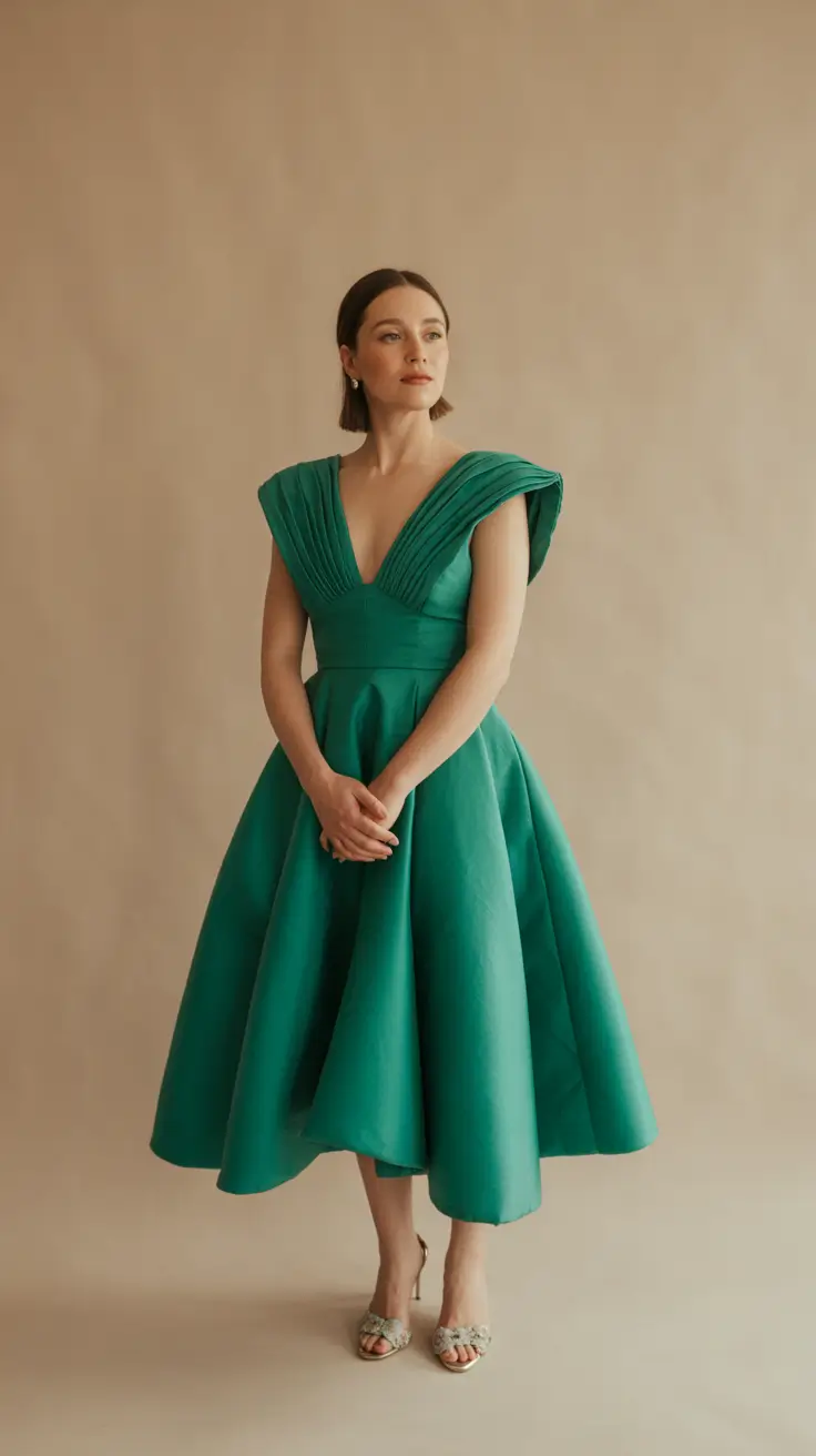wedding guest outfits 2026 Structured Emerald Elegance for Statement Moments