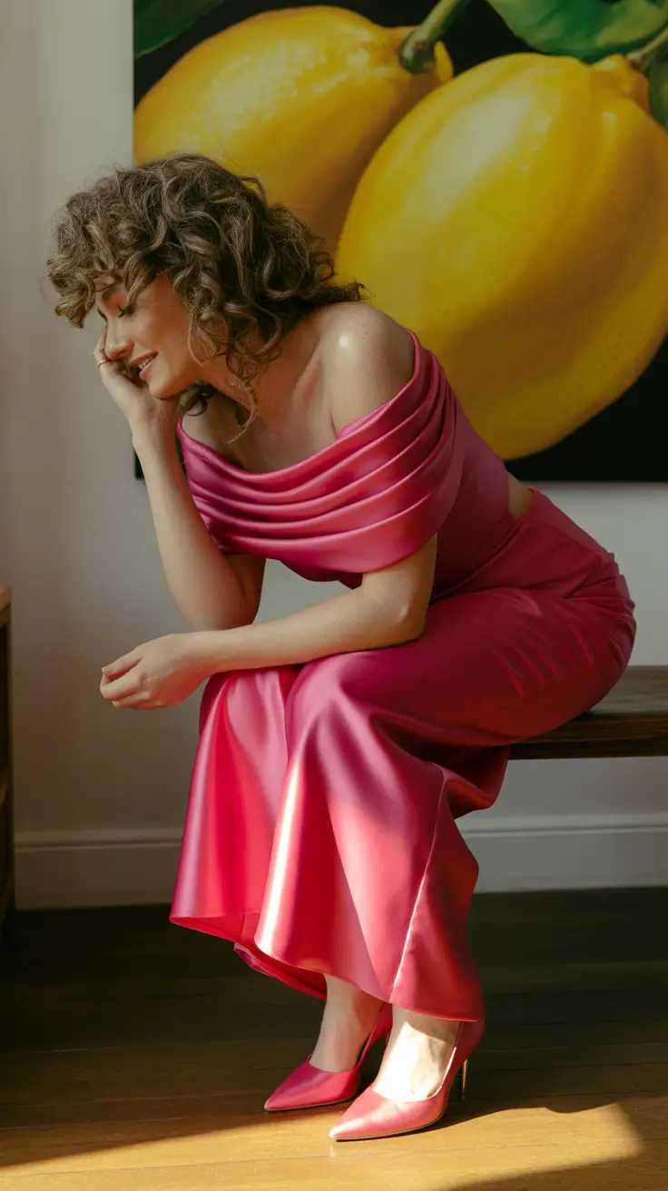 Stylish wedding guest outfits 2026 Statement Pink Satin With Sculptural Draping