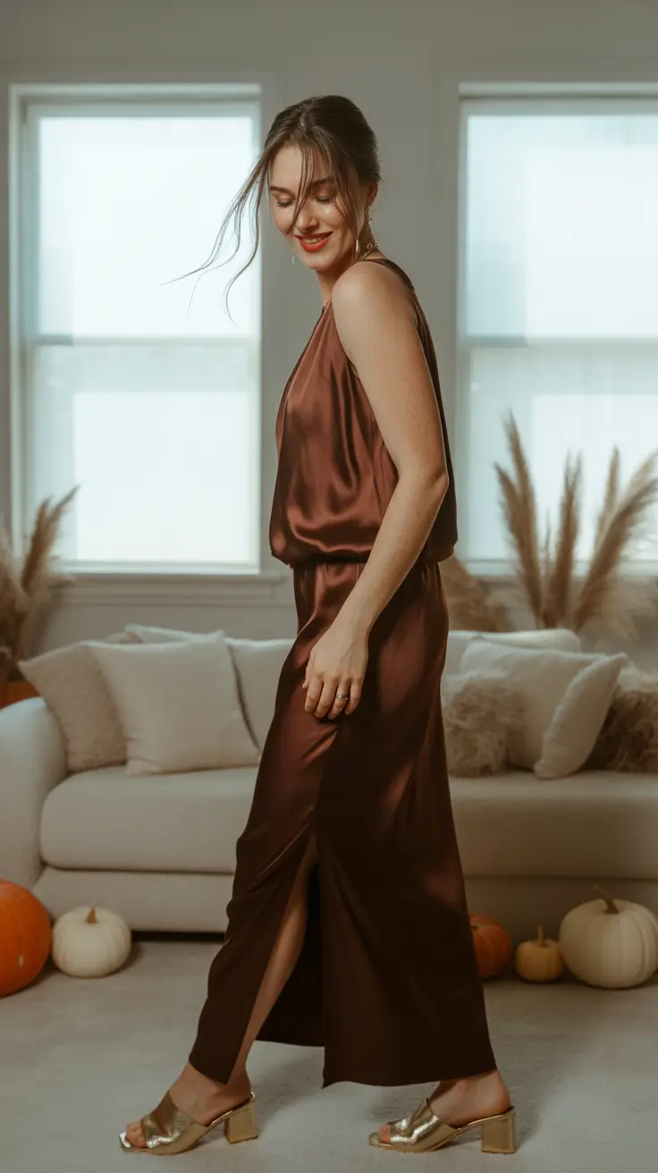 Stylish wedding guest outfits 2026 Autumn Bronze Satin For Cozy Seasonal Elegance