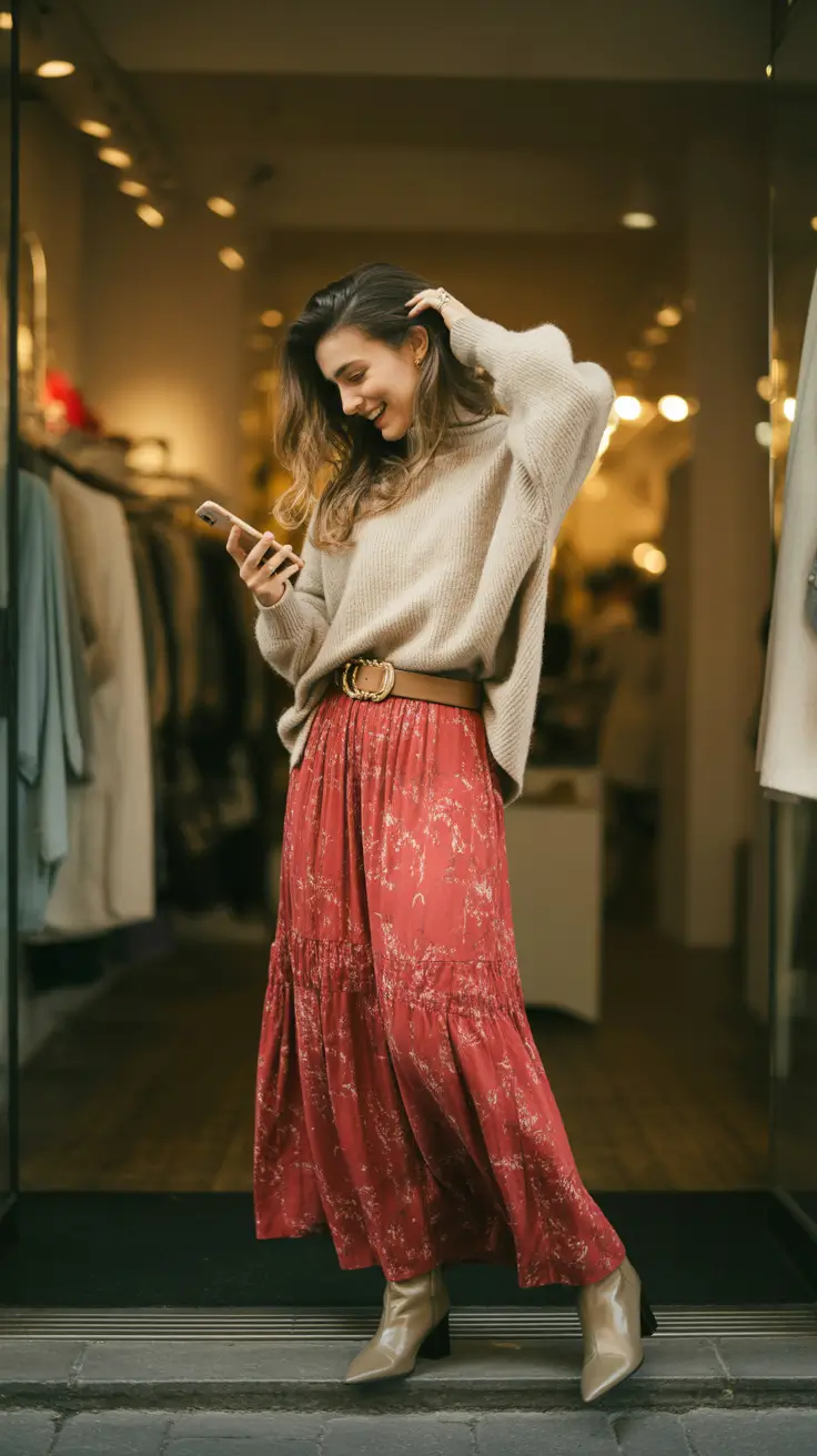 Stylish wedding guest outfits 2026 Relaxed Boho Skirt And Knit For Casual Wedding Moments