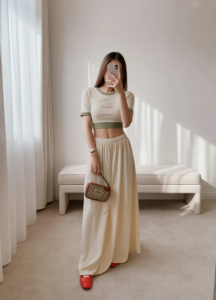 brunch outfits spring Soft Neutrals and a Pop of Red