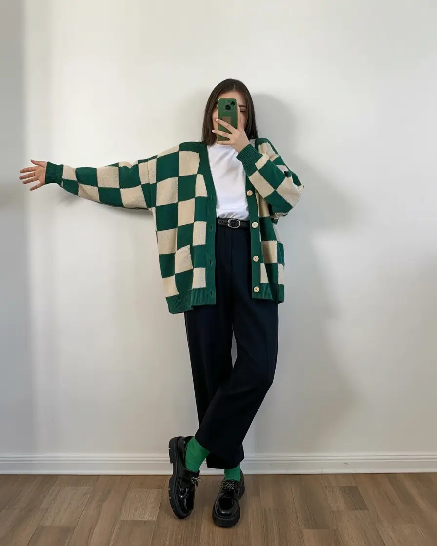 trendy outfits 2026 Checkerboard Comfort with a Touch of Green