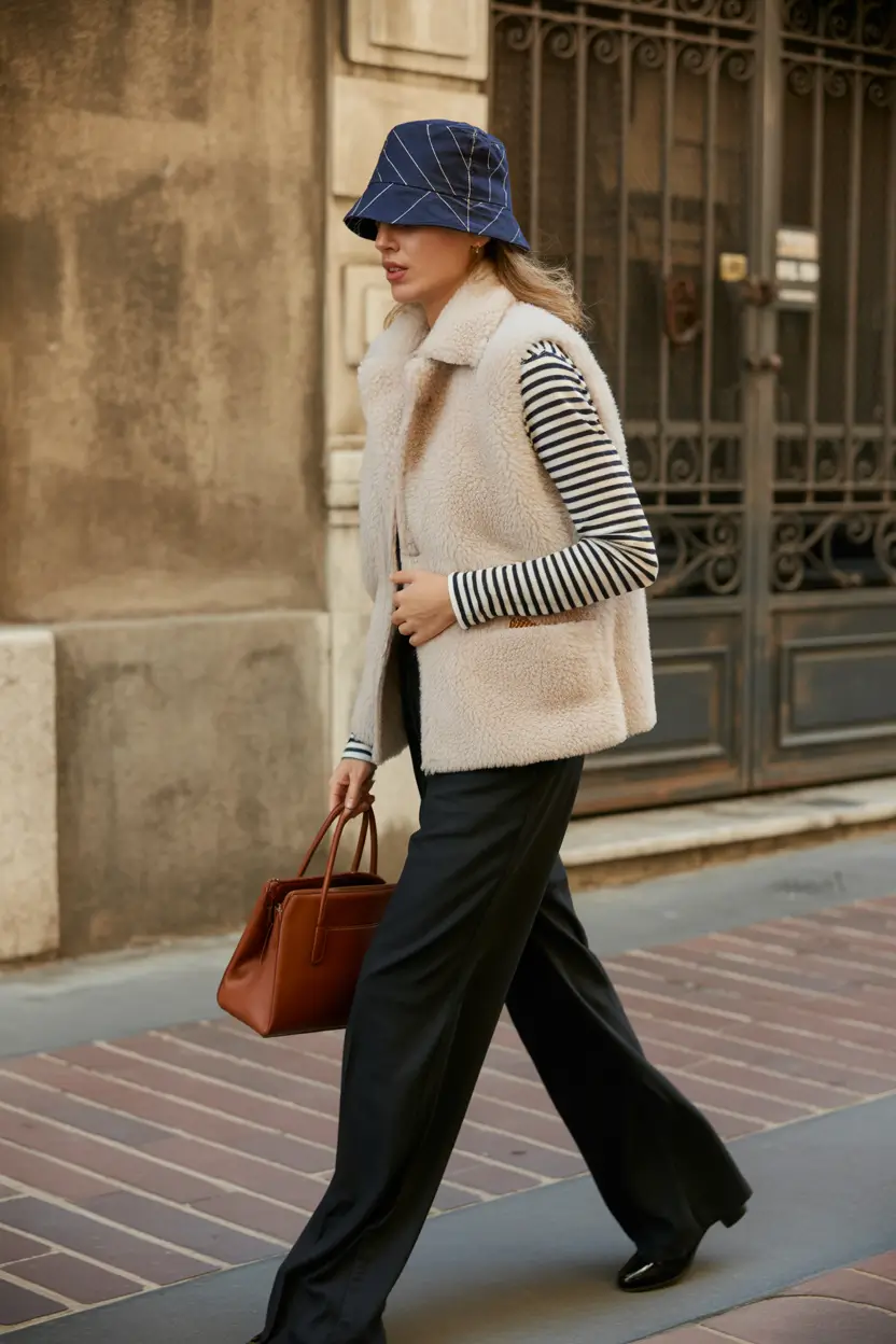 Layered Striped and Sherpa Outfit for Women Over 40