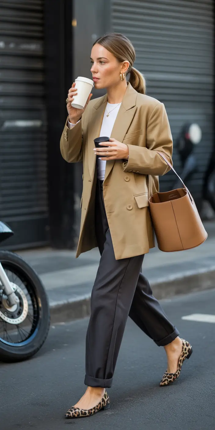 Neutral Blazer and Leopard Flats Outfit for Women Over 40