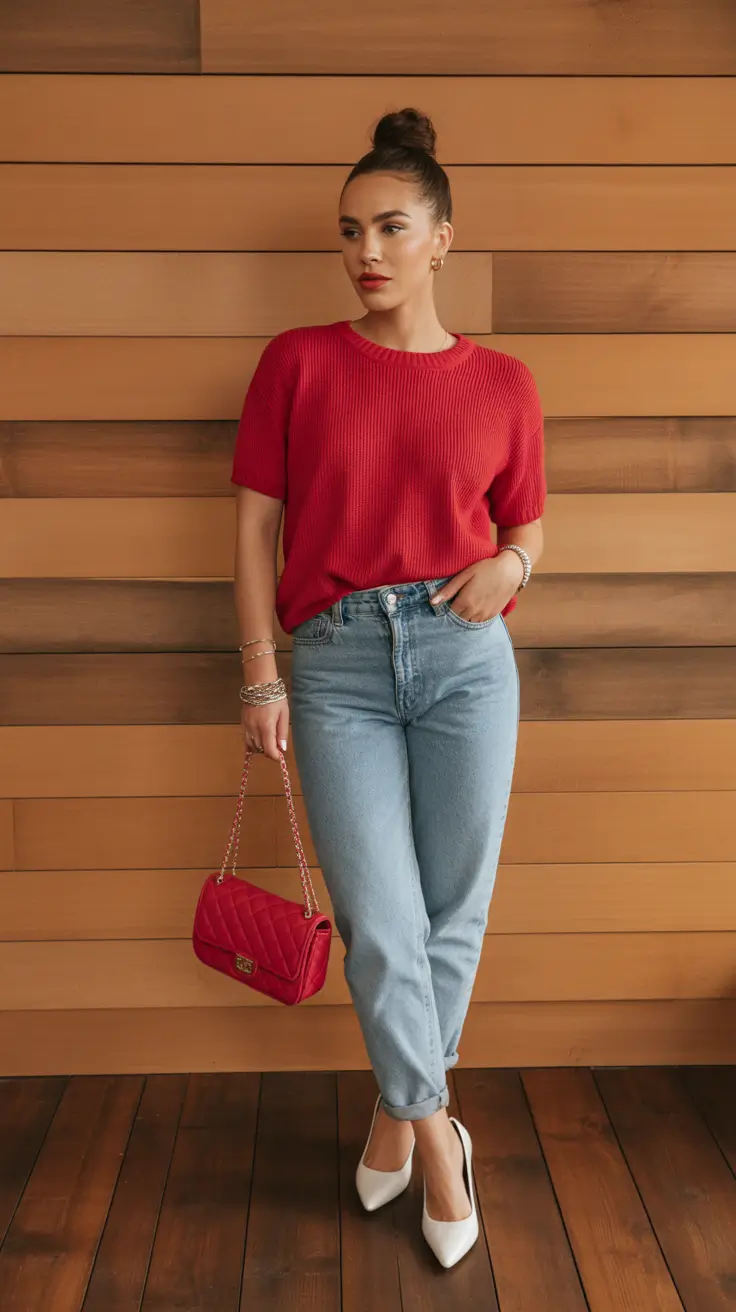 Red Knit and Light Denim for Women Over 40