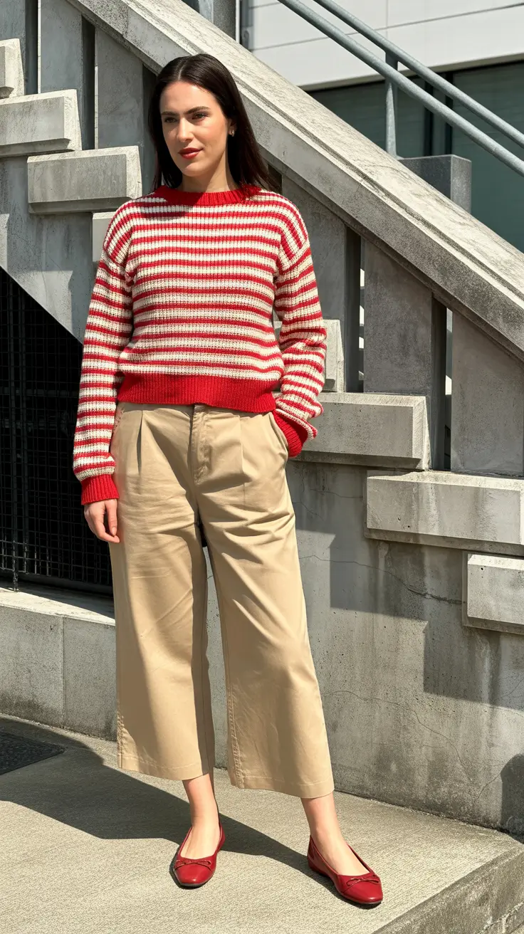 Striped Knit and Beige Trousers for Women Over 40
