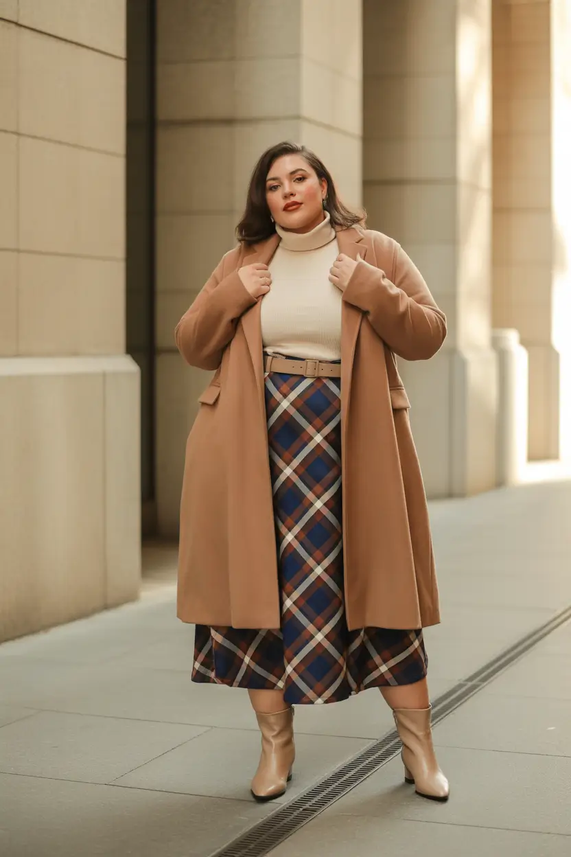 plus size outfits Camel Dreams and Plaid Skirts