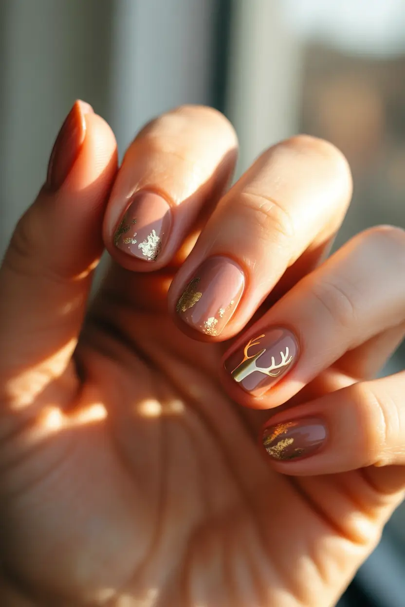 winter-nail-trends-cocoa-gold-reindeer-design
