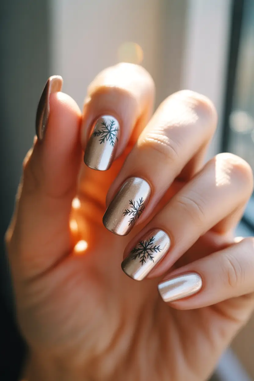 winter-nails-trends-champagne-chrome-with-delicate-black-snowflakes