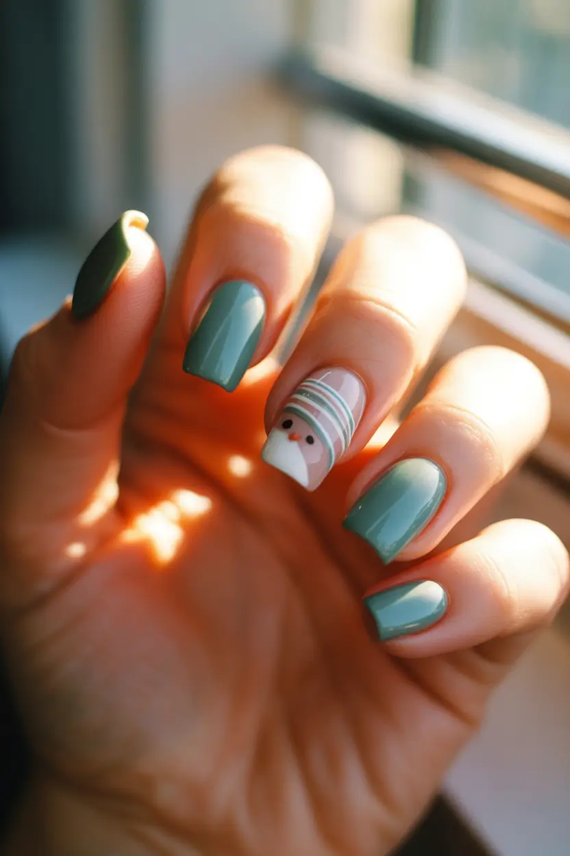winter-nails-trends-muted-winter-green-with-cozy-character-art