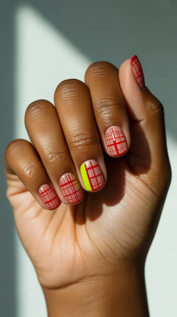 winter-nails-for-dark-skin-tone-neon-plaid-pop