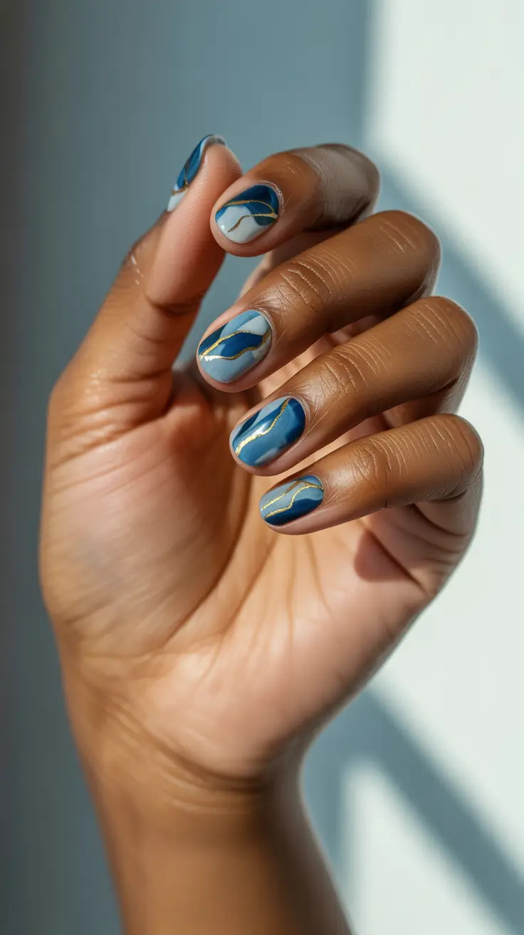 winter-nails-for-dark-skin-tone-blue-marble-with-gold-veins