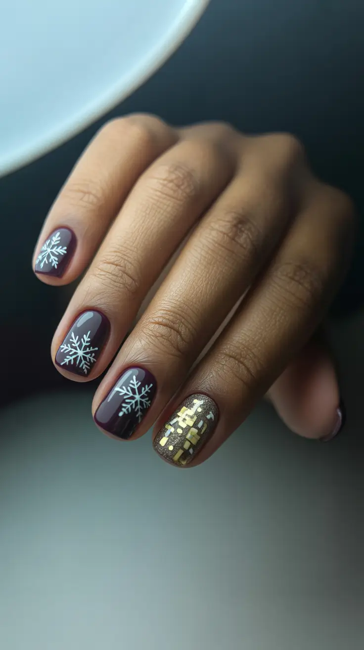 winter-nails-for-dark-skin-tone-berry-snowflakes-and-golden-glimmer