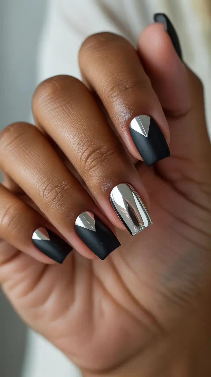 winter-nails-for-dark-skin-tone-matte-black-and-chrome-edge