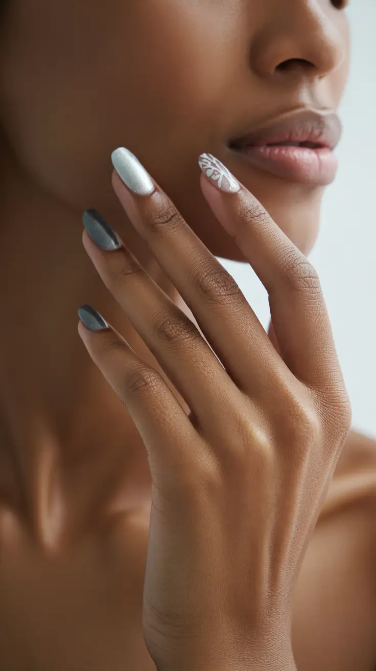 winter-nails-for-dark-skin-tone-frosted-silver-with-soft-white-detailing