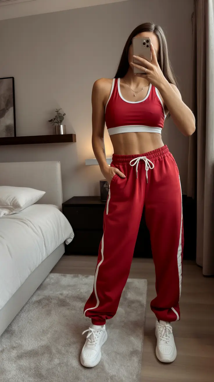 workout outfits Retro Red Tracks: Sporty Meets Street