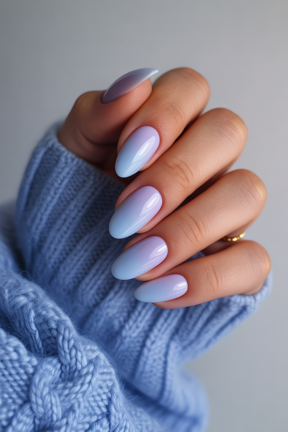 almond nail designs 2026 Soft Milky Blue Almond Nails