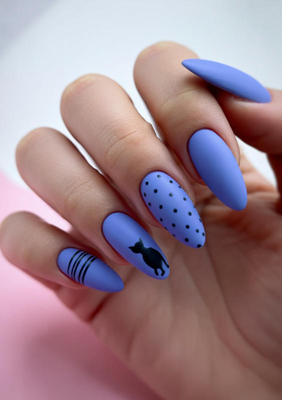 almond nail designs 2026 blue graphic almond nails