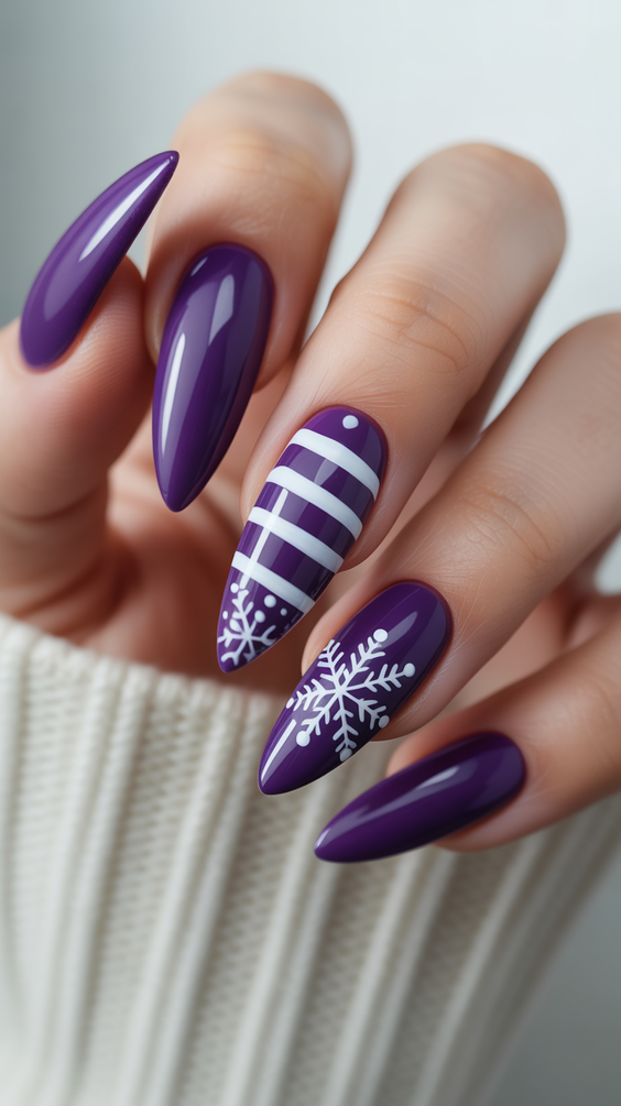 almond nail designs 2026 purple almond nails snowflake art