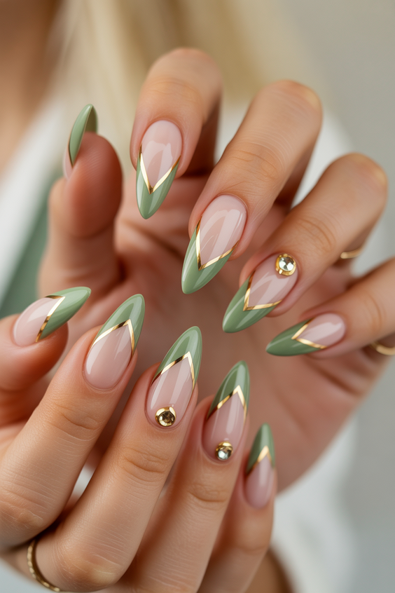 almond nail designs 2026 green gold french almond nails