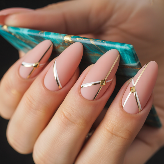 almond nail designs 2026 nude almond nails gold lines