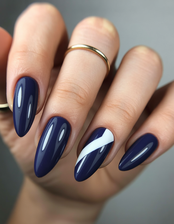 almond nail designs 2026 Navy Almond Nails with French Accent
