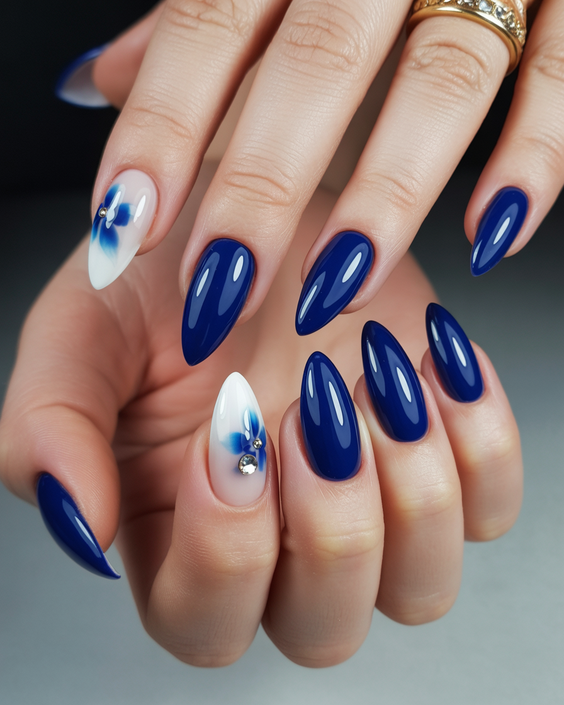 almond nail designs 2026 blue almond nails floral accent
