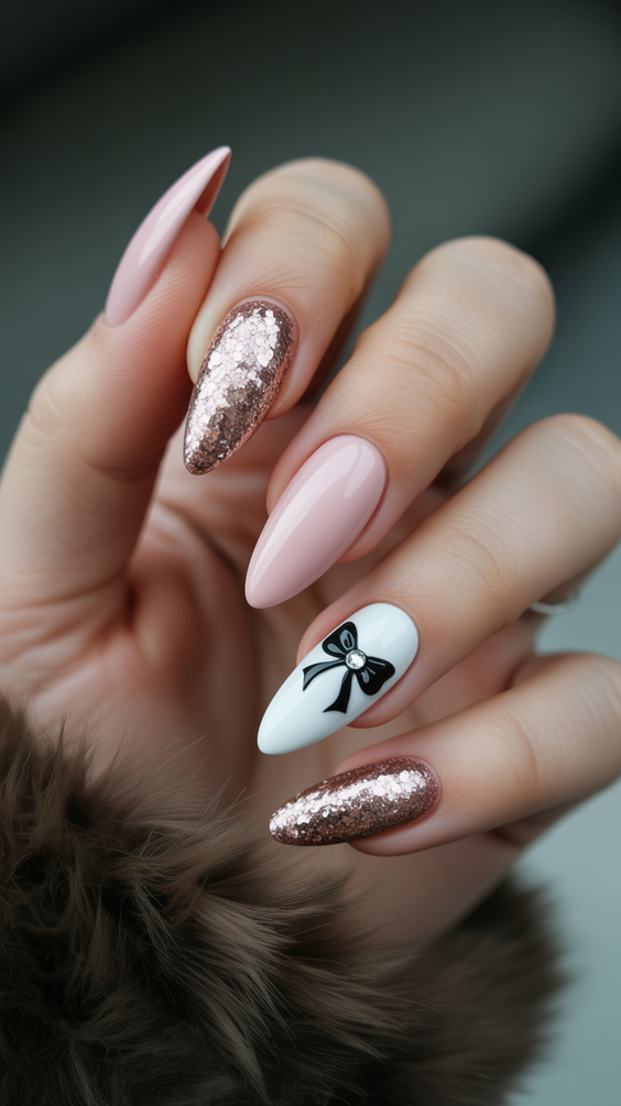 almond nail designs 2026 Pink Almond Nails with Rose Gold Art