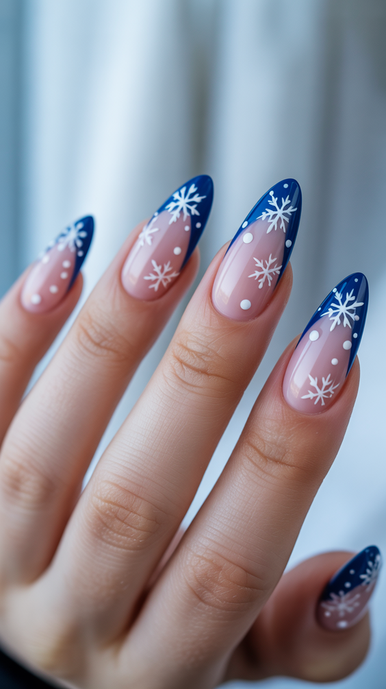 almond nail designs 2026 Winter Blue Almond Nails with Snowflake Art
