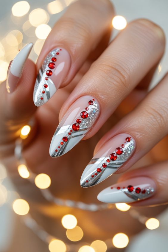 almond nail designs 2026 White Almond Nails with Red Crystals