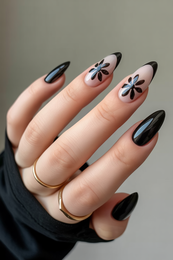 almond nail designs 2026 Black Almond Nails with Floral Art