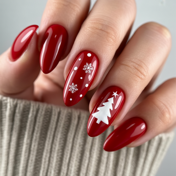 almond nail designs 2026 Red Almond Nails Christmas Art