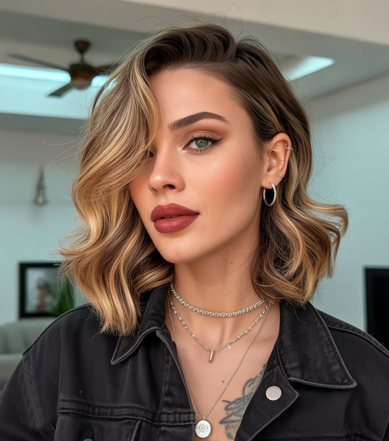 Balayage hair color ideas 2026 short wavy balayage bob with bold blonde contrast