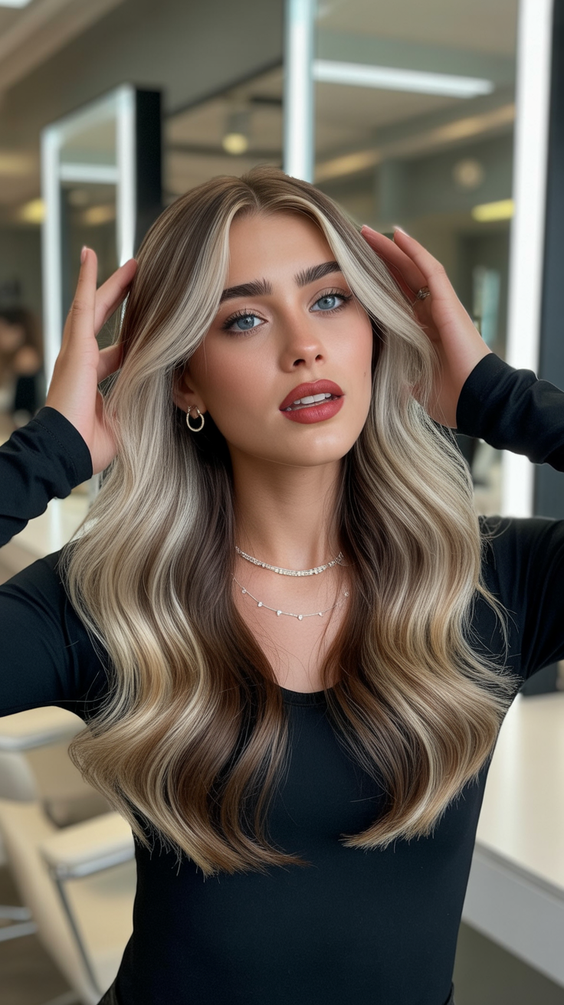 Balayage hair color ideas 2026 high contrast vanilla blonde balayage with dimensional roots