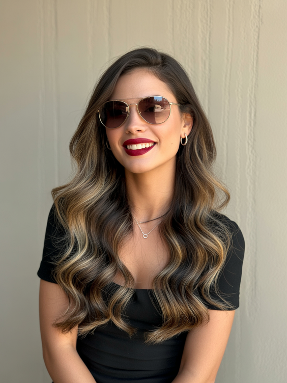 Balayage hair color ideas 2026 golden espresso balayage with soft glam waves