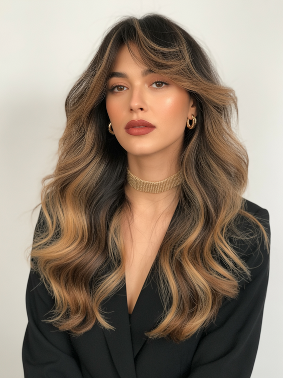 Balayage hair color ideas 2026 bronze contour balayage with soft curtain layers