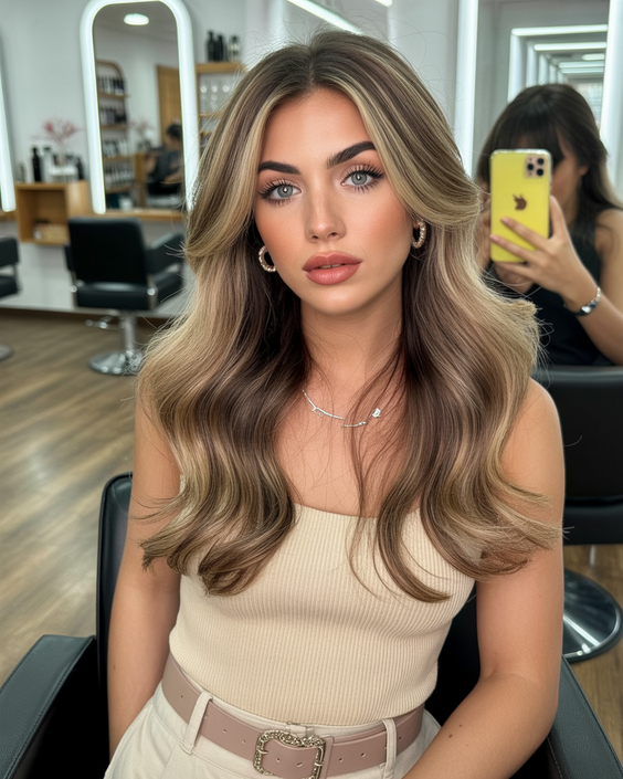 Balayage hair color ideas 2026 neutral beige balayage with soft contour glow