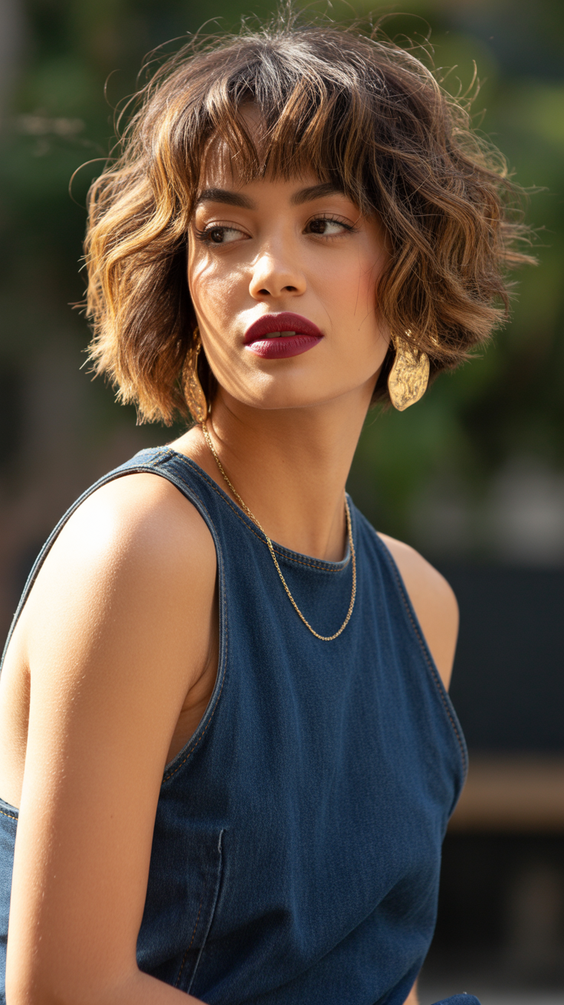 best choppy bob haircut ideas 2026 Sunlit Wavy Choppy Bob With Soft Baby Fringe